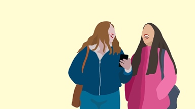 Illustration of two people laughing holding a mobile phone