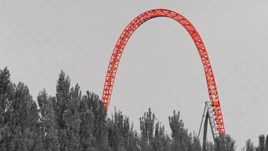 Red rollercoaster track arching above a line of trees against a grey background.