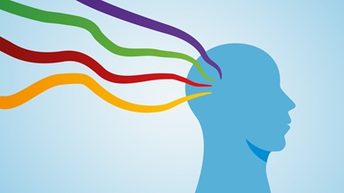 Abstract illustration of a blue head silhouette with red, yellow, green and purple streams flowing towards the brain, symbolising cognition, communication or mental health.