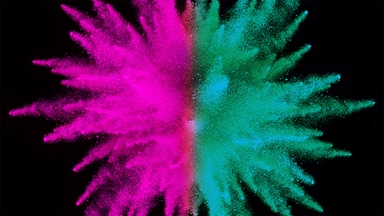 Black background with colourful chalk explosion which is half pink and half green