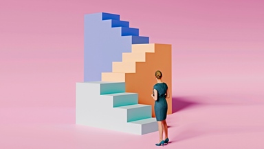 Pink background women looking at stairs
