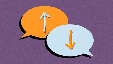 Two arrows pointing in opposite directions each in a speech bubble on purple background