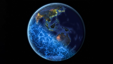 Digital illustration of Earth centred on the Asia-Pacific region, with illuminated cities and a blue network of interconnected nodes and lines representing global digital connectivity.