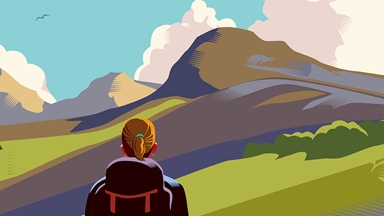 Illustration person looking at mountains hiking
