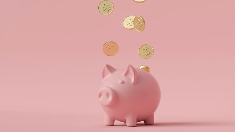 Coins falling into piggy bank