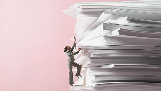 Stack papers person climbing up side
