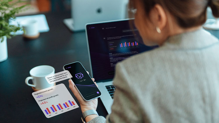 businesswoman using AI chatbot technology on smartphone