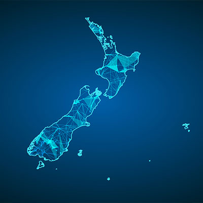 Digital illustration of New Zealand’s map outlined in glowing blue lines and network connections on a dark blue background, representing data, connectivity, or technology.