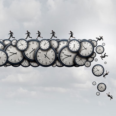 Business people running away from falling clock objects