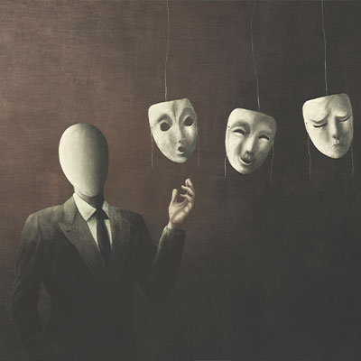 Faceless business person choosing from three different masks hanging from ceiling on dark background