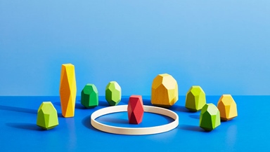 A group of coloured pebbles around a red pebble inside a circle