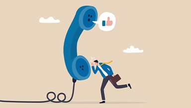 Illustration business person talking blue telephone with thumbs up from speaker