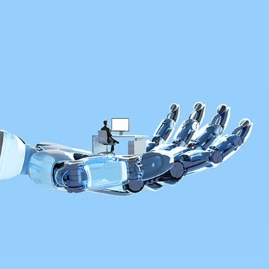 Illustration of a large robotic hand supporting a small desk where a person sits at a computer, symbolising artificial intelligence assisting or enabling human work.