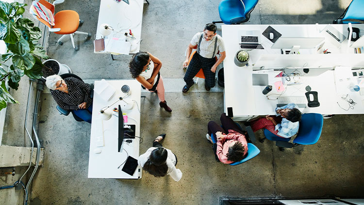 Overhead office people talking