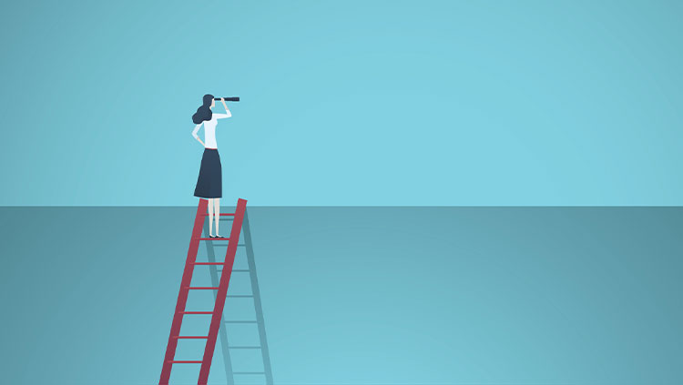 business woman standing on top of ladder above wall