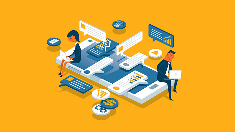 Illustration with icons and graphs with people sitting on phone