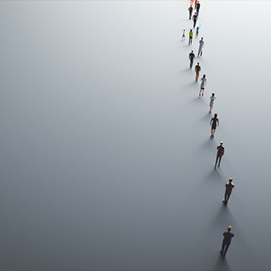 Small figures of people spaced apart in a single-file line across a wide, light grey background, forming a diagonal path with long shadows