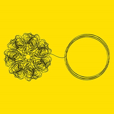 Tangled black lines connected to a neat circular line on a yellow background, symbolising clarity emerging from complexity.