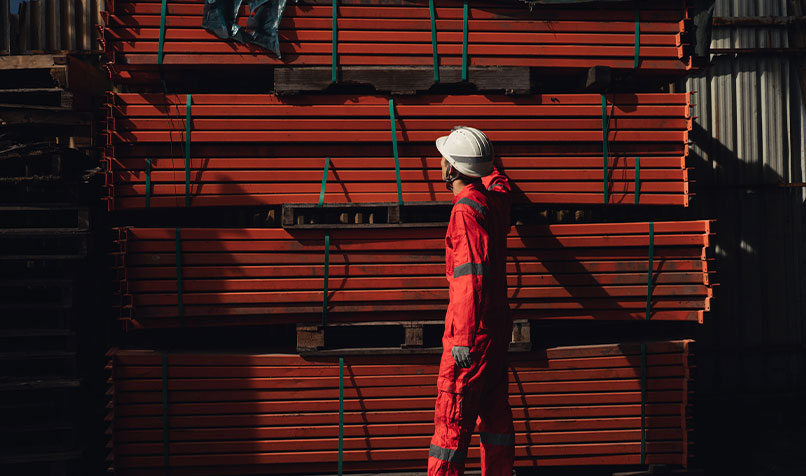 worker inspects i-beams inventory in a warehouse