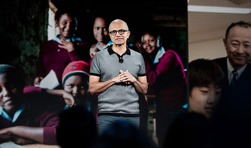 Satya Nadella speaks during the #MicrosoftEDU event in New York.