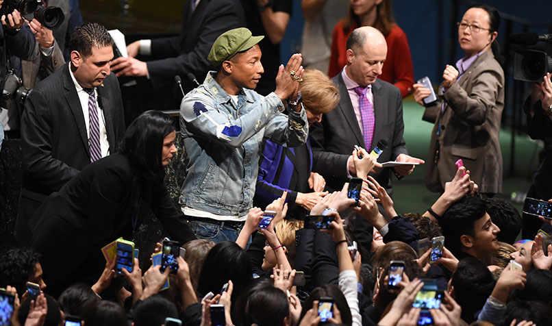Musican Pharrell Williams at a United Nations event on the International Day of Happiness in New York on 20 March 2015.