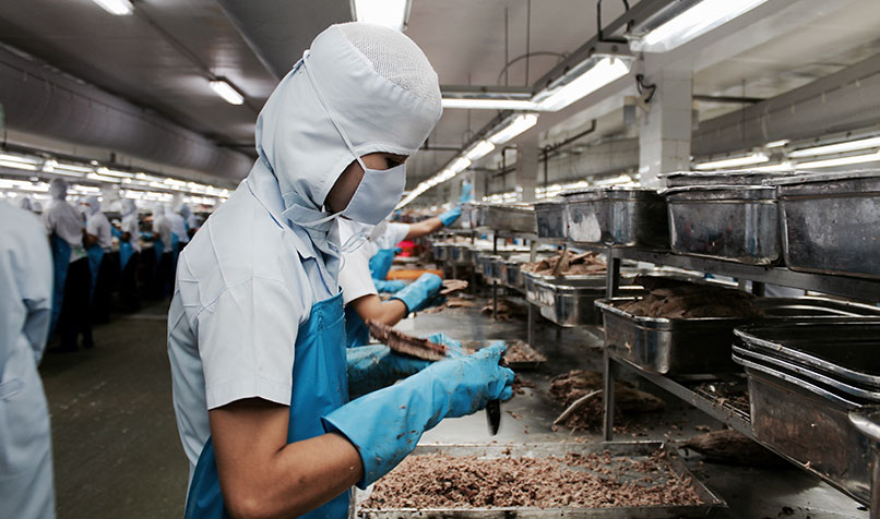 worker in seafood production line