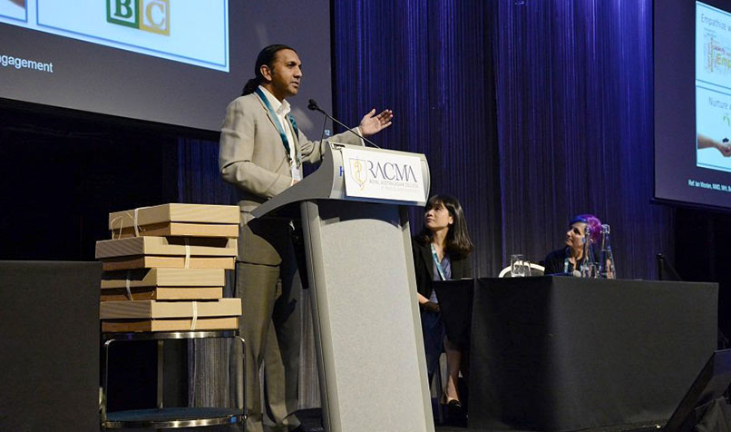 Dr Avnesh Ratnanesan delivering an address to the Royal Australasian College of Medical Administrators on disruption in the healthcare sector, in October 2019.