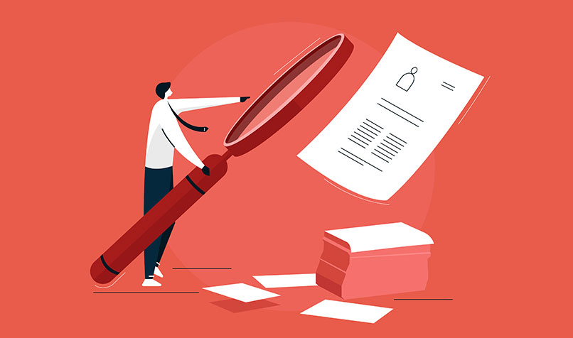 Illustration person magnifying glass letters