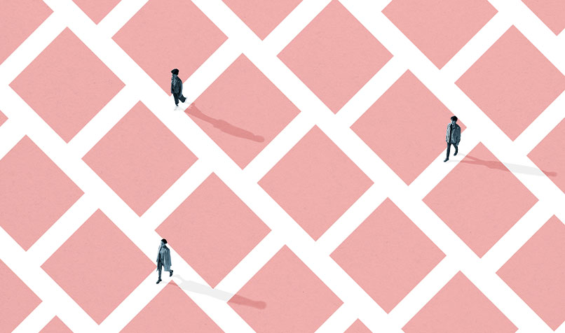 People walking pink cross lines