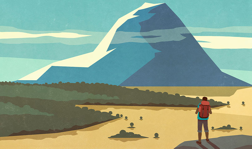 Illustration person standing looking mountains