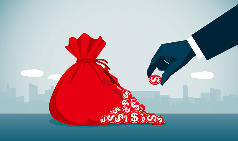 Illustration of bag of coins with a hand taking one coin