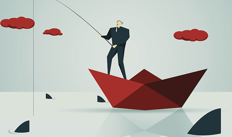 Illustration of person standing in a boat fishing with sharks in the water
