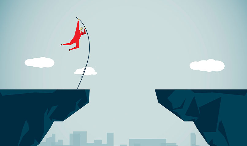 Illustration of person pole vaulting between two cliffs