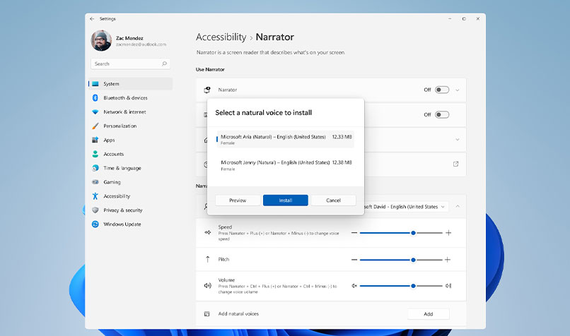 Screenshot of Microsoft Windows narrator