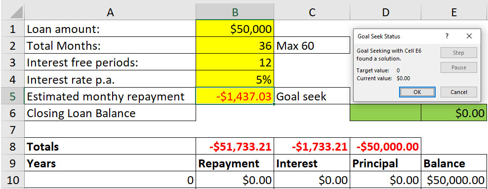 Excel screen shot of table