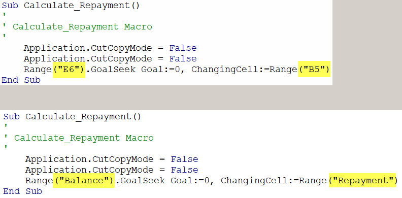 Excel screen shot of code