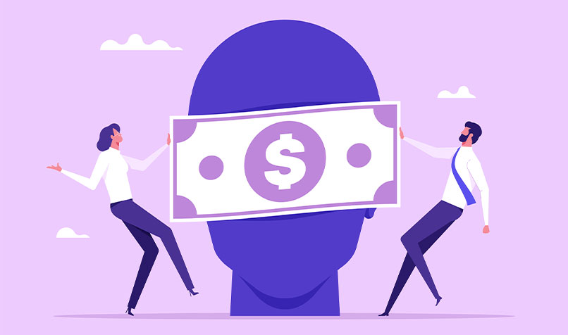 Illustration head with money over face being held by two people