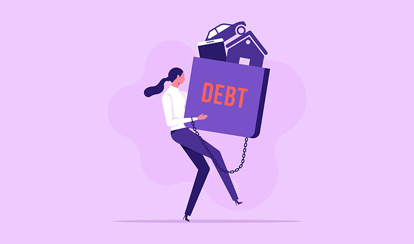 Illustration women carrying debt bag