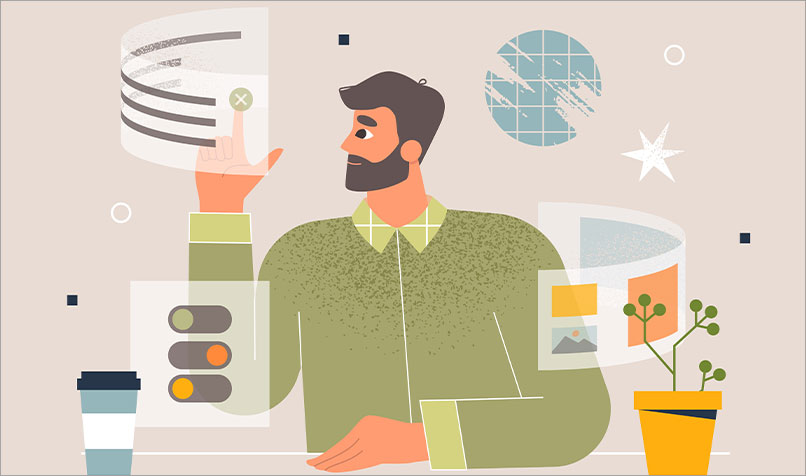 Illustration person working online icons