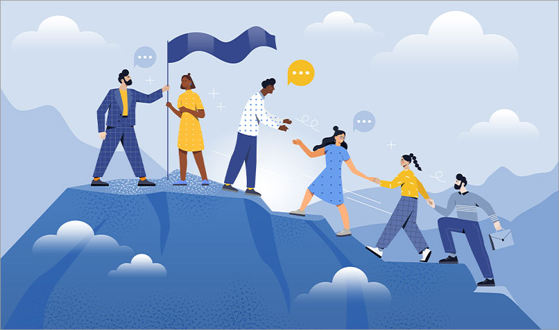 Illustration team helping each other to top