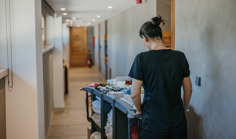 Cleaner in hallway trolley