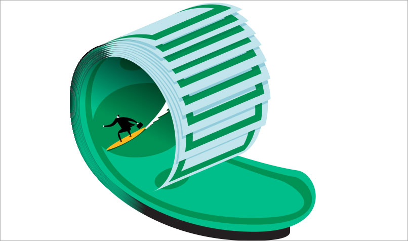 Person surfing wave of money
