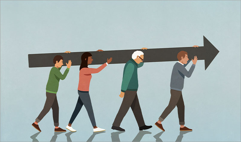 Illustration people walking carrying arrow