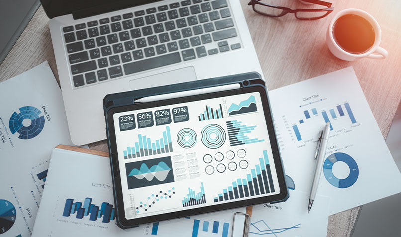 Desk laptop tablet graphs