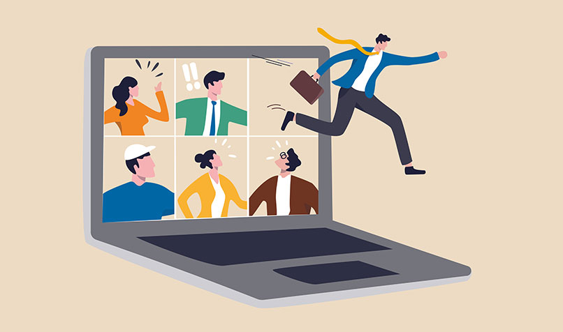 Illustration laptop meeting person jumping screen