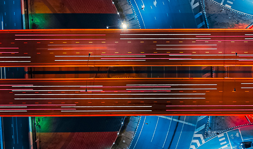 Aerial view roads night time now car