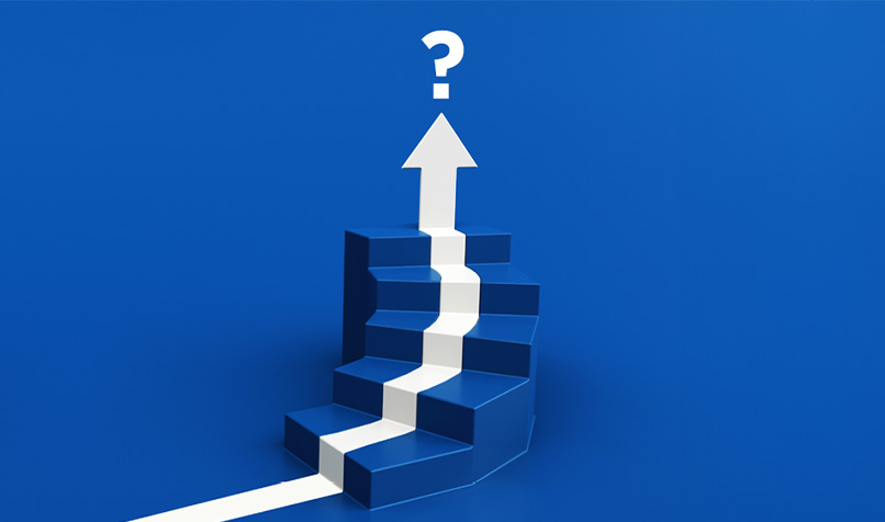 Blue background stairs white arrow pointing up