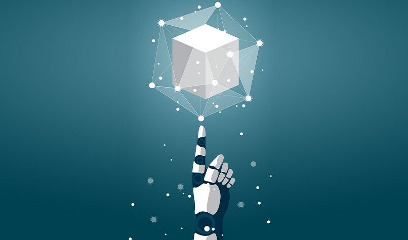 Square with data points balancing on robot finger