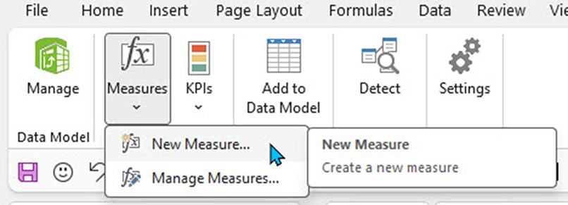 Excel Power Pivot ribbon showing the Measures dropdown menu open, with options for ‘New Measure’ and ‘Manage Measures’, and a cursor highlighting the ‘New Measure’ option.