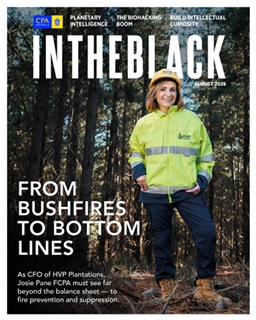 Cover of In the Black magazine, August 2026. A person in high-visibility forestry workwear and a hard hat stands in a bushland setting among tall trees. The cover headline reads: “From Bushfires to Bottom Lines”, featuring a story about fire prevention and suppression in the forestry industry.